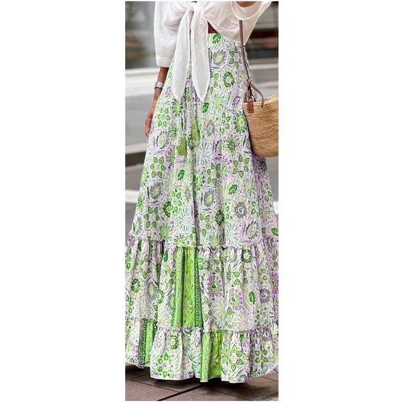 Boho Floral Print Stretchy Waist Ruffle Hem Maxi Skirt - Picture 4 of 8